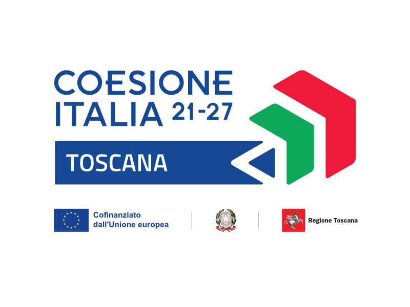 Logo del programma Coesione Italia 21-27 Toscana, cofinanziato dall'Unione Europea e dalla Regione Toscana, con i simboli istituzionali della Repubblica Italiana